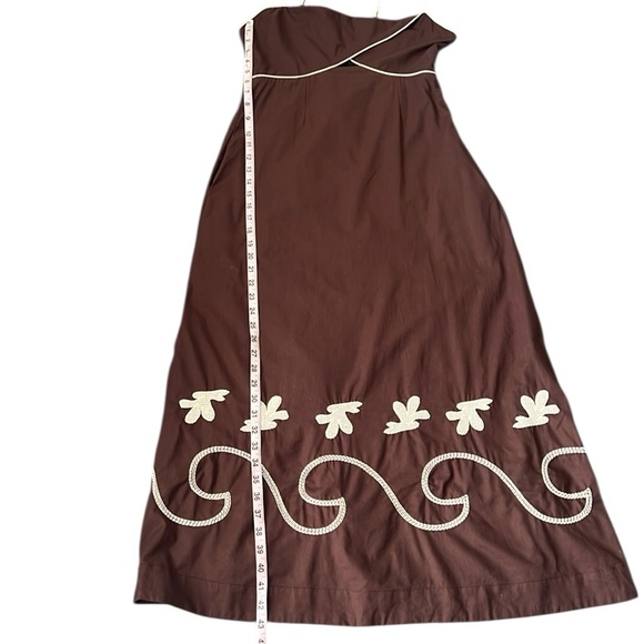 Mon Renn Brown Cream Embroidered Smock Back Midi Sundress Pockets US Large - Picture 14 of 14